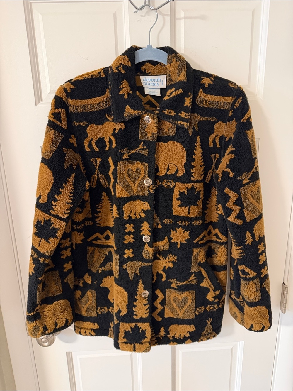 Vintage Deborah Murray Cabincore Fleece 
Jacket Bear Moose Canoe Canada Small